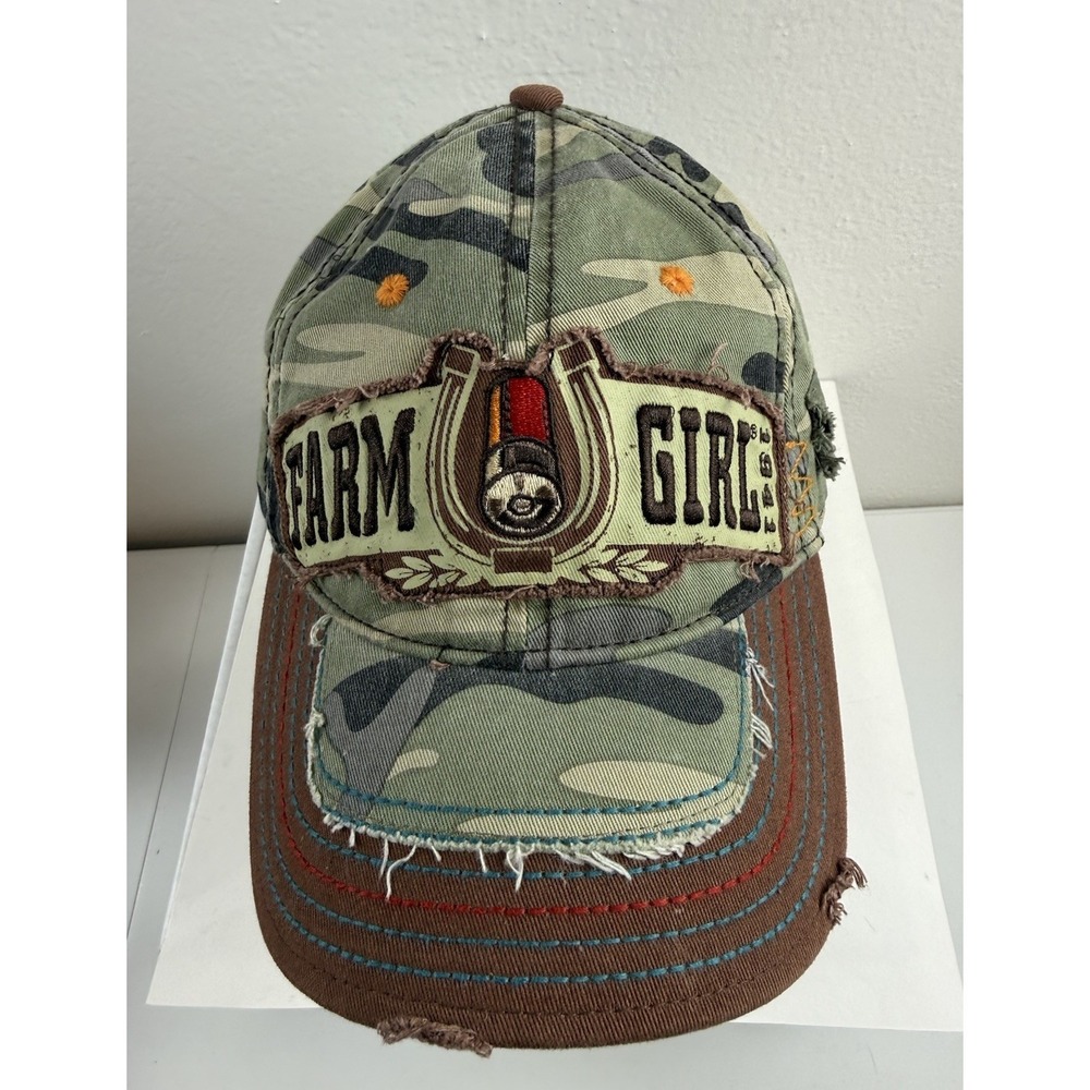 Farm Girl Distressed Camo Lucky Horseshoe Embroidered Baseball Cap Size OS